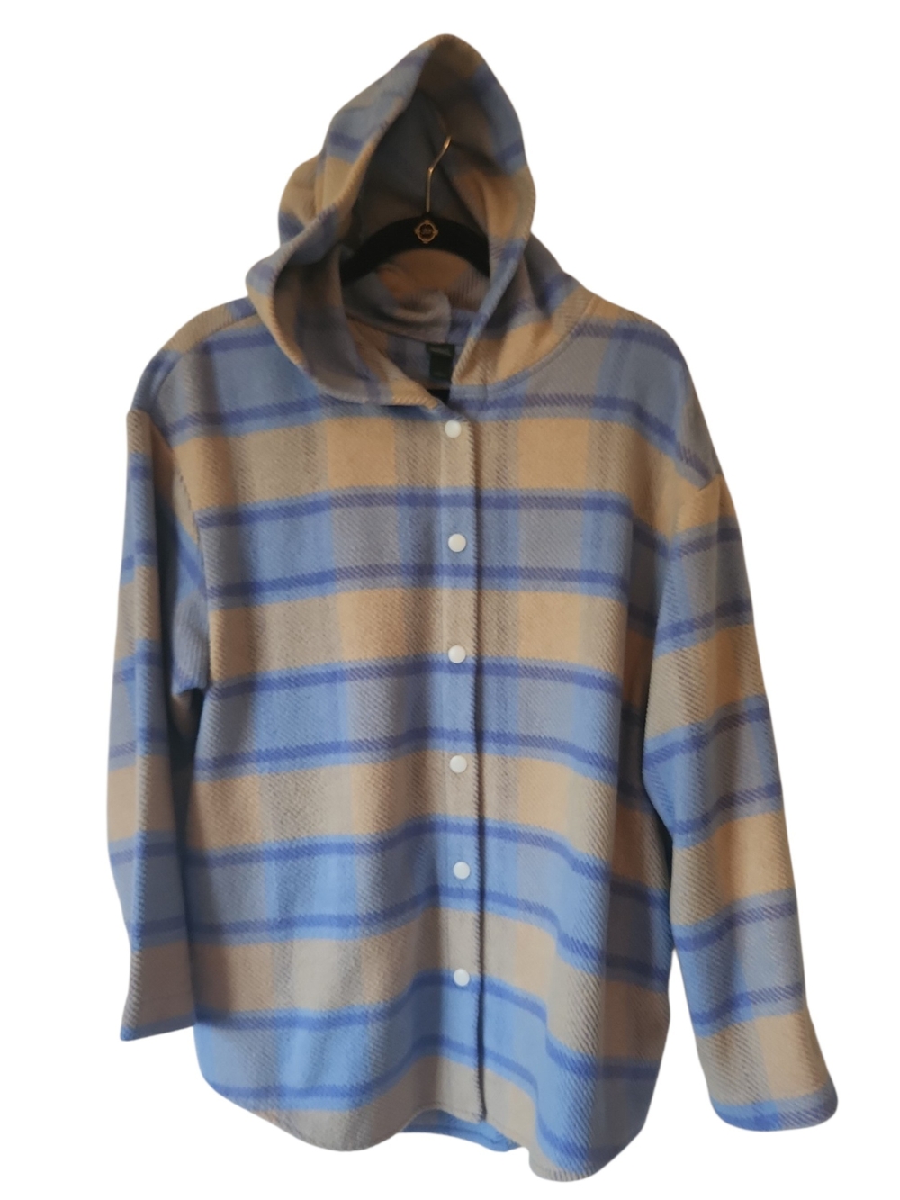 Wild Fable Plaid Hooded Snap-Front Shaket/Jacket in Blue/Tan/Soft Yellow Size L